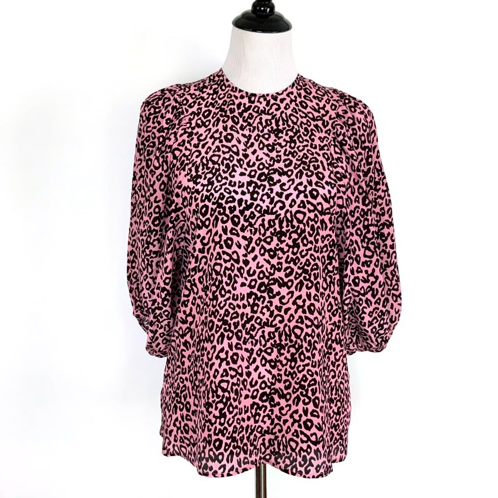 New Les Reveries Silk Balloon Sleeve Animal Leopard Print Blouse Pink Size 4 - Picture 8 of 16